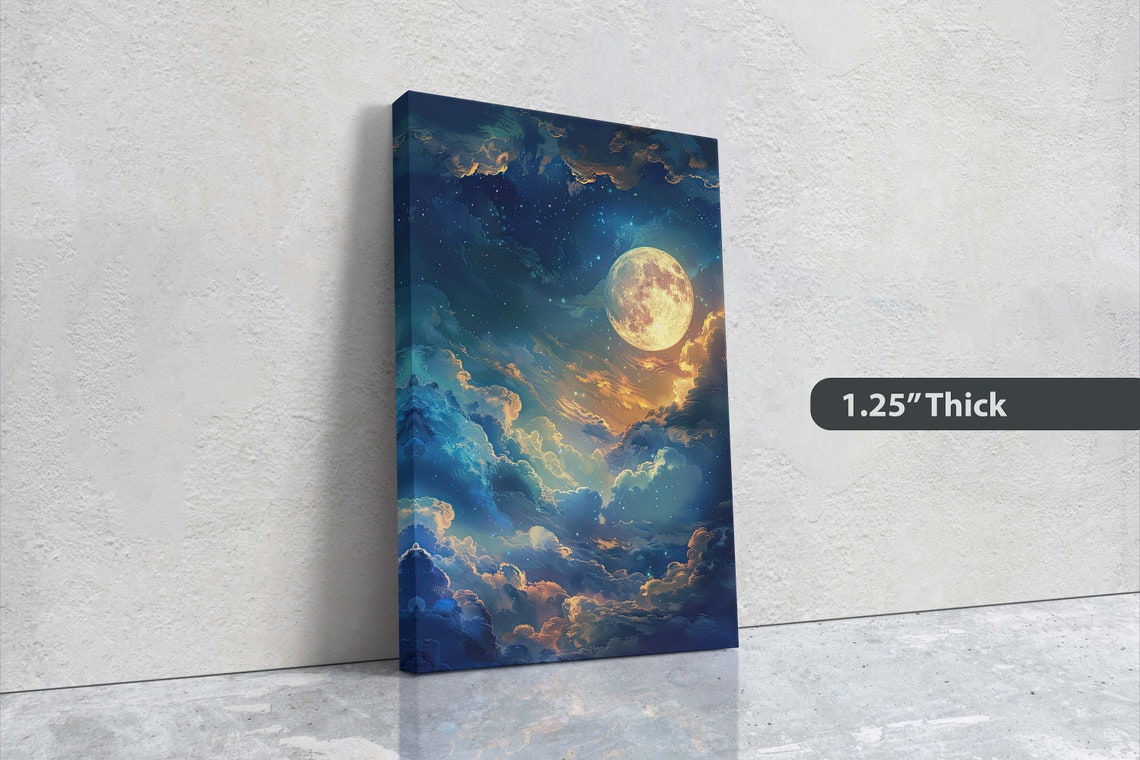 Cloudy Moon Sky Moonlit Night Golden Night Full Moon Painting Celestial Art Nature Retro Style - Image 3