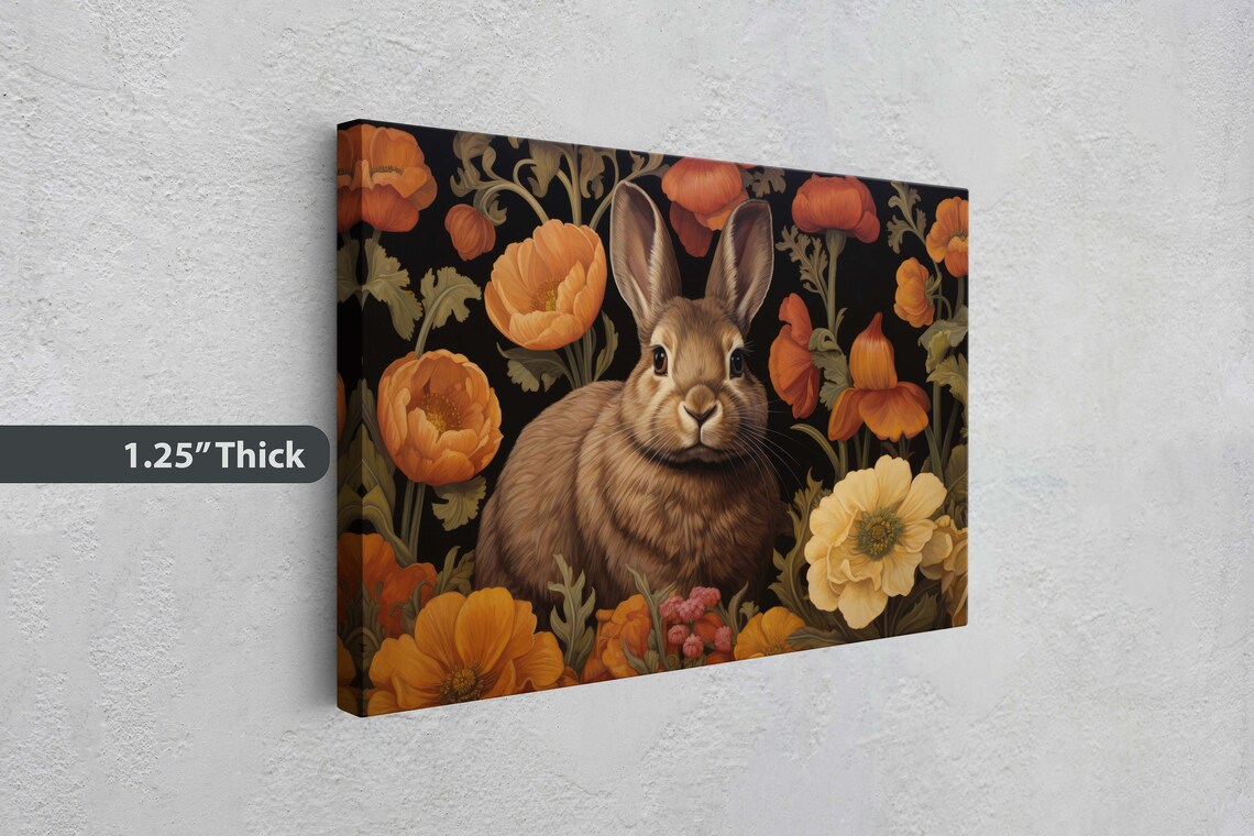 Brown Rabbit Vivid Orange Poppies Dark Floral Botanical Art Poster - Image 3
