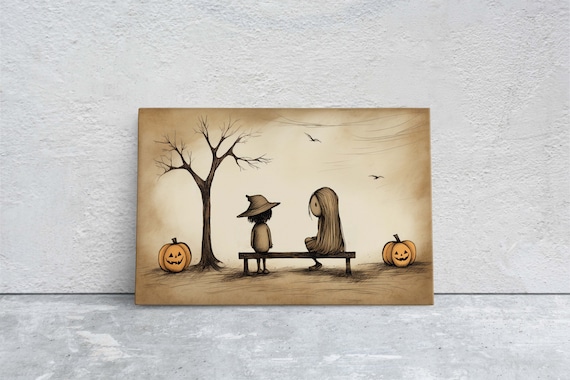 Two Kids Bench Jack O Lanterns Spooky Tree Sepia Halloween Art Poster