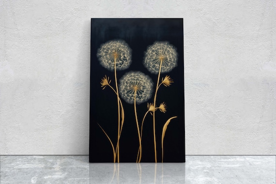 Dandelions Painting, Black and Gold Art Print