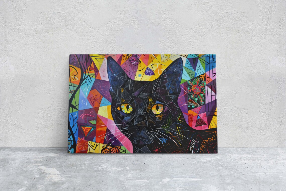 Black Cat Geometric Cubist Colorful Background Whimsical Art Poster - Image 2