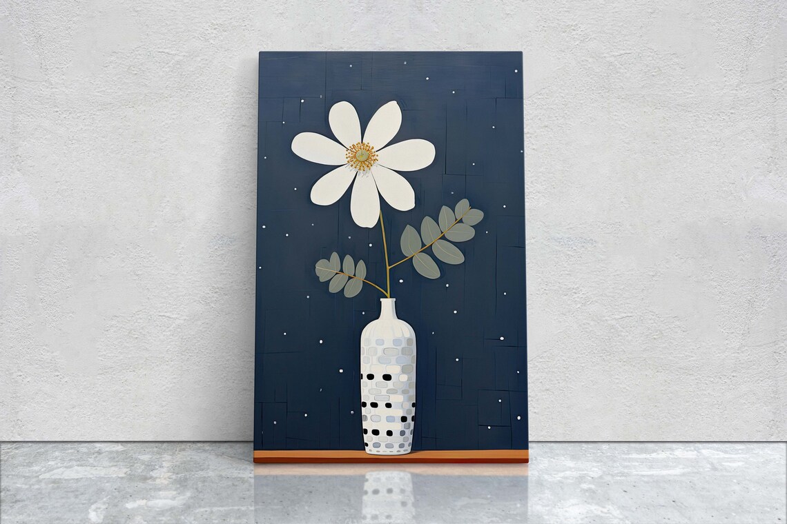 White Flower Eucalyptus White Vase Dark Navy Minimalist Art Poster