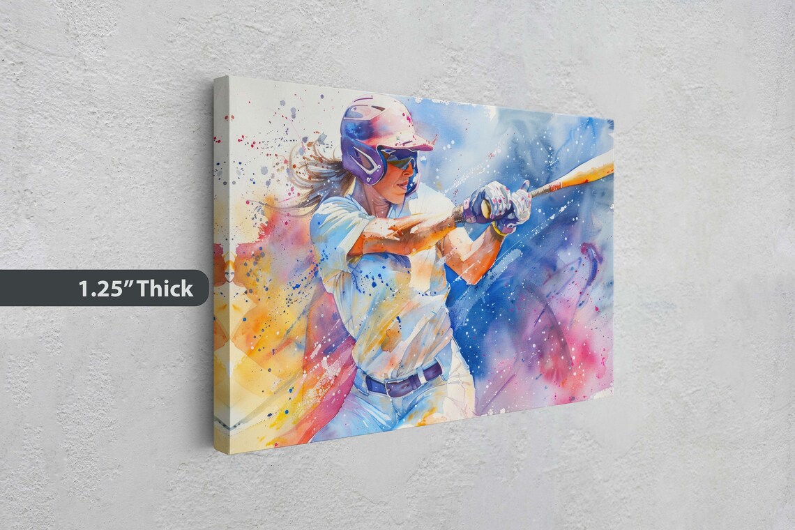 Female Softball Batter Swinging Watercolor Vibrant Sports Art Poster - Image 3
