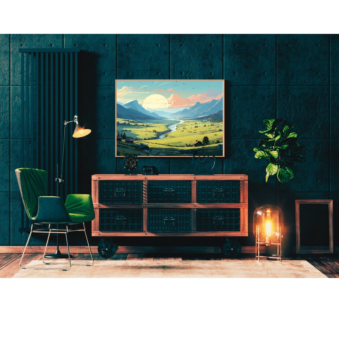 Sunrise River Valley Green Meadow Cabins Mountain Illustration Poster - Image 2