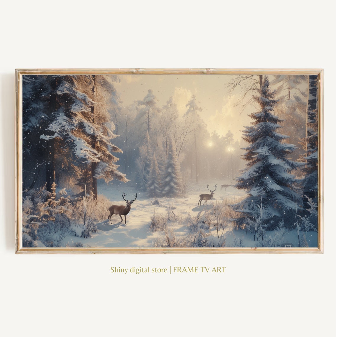 Deer In Snowy Forest Winter Golden Light Stags Pine Trees Art Print