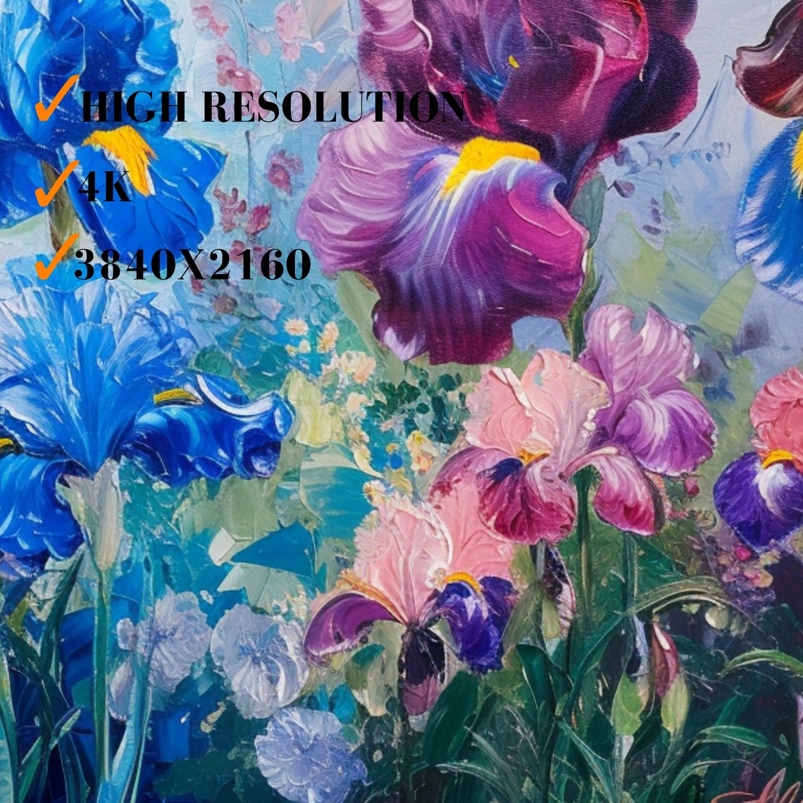 Colorful Iris Garden Bloom Orange Blue Purple Flowers Oil Painting - Image 3