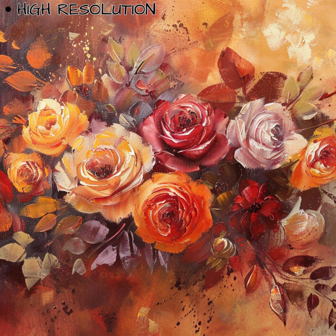 Autumn Roses Bouquet Warm Orange Red Flowers Oil Painting Poster - Image 3
