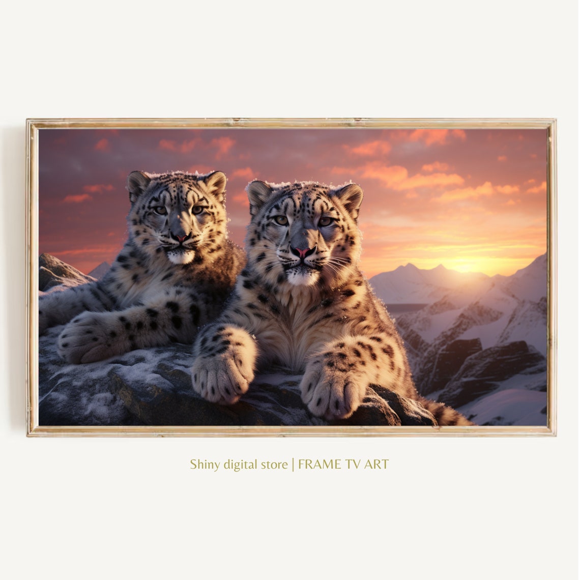 Snow Leopard Pair Sunset Rocky Mountain Snow Wildlife Art Poster