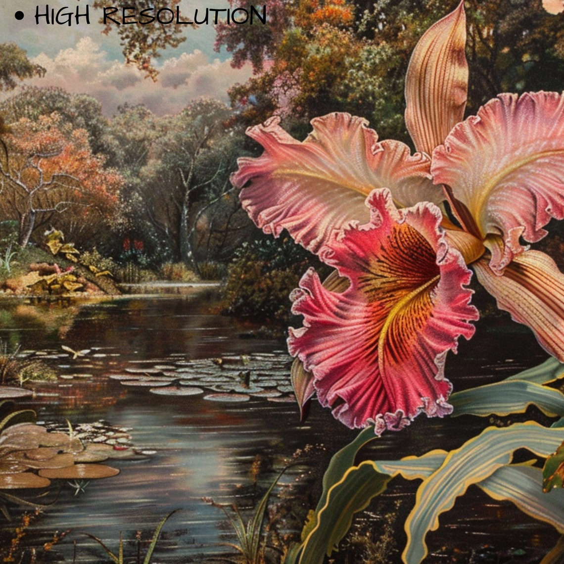 Pink Orchid Bloom Forest Pond Botanical Painting Sunset Wall Art - Image 3
