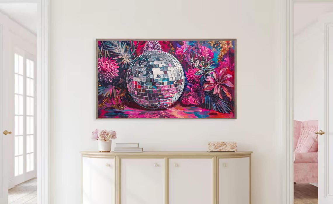 Disco Ball with Vivid Pink Tropical Flowers Maximalist Party Wall Art - Image 2