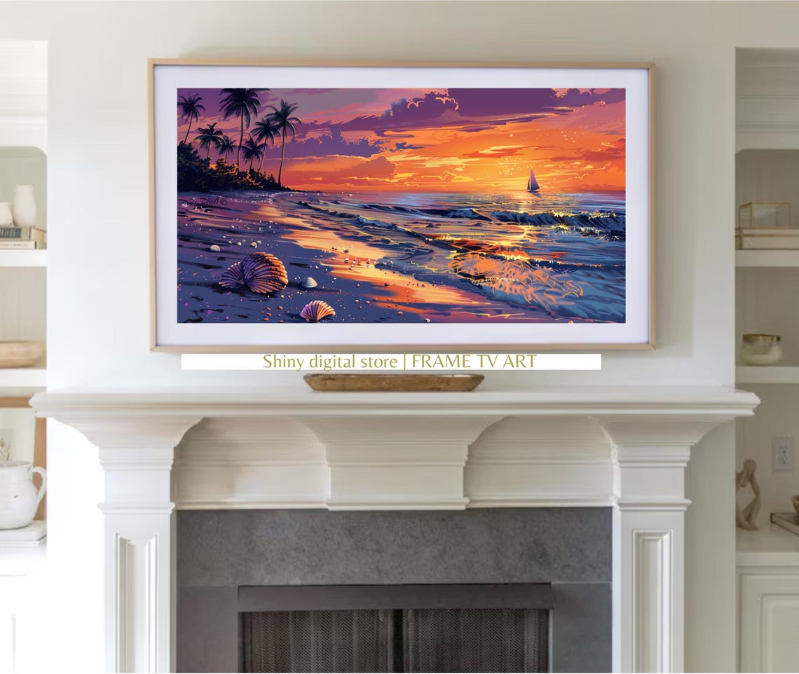 Tropical Beach Sunset Palm Trees Sailboat Seashells Coastal Art Poster - Image 2