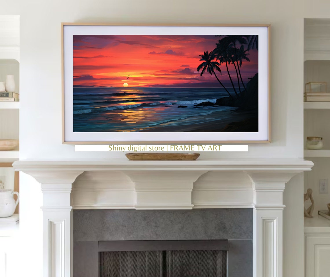 Tropical Beach Sunset Palm Silhouette Red Sky Oil Painting Poster - Image 3
