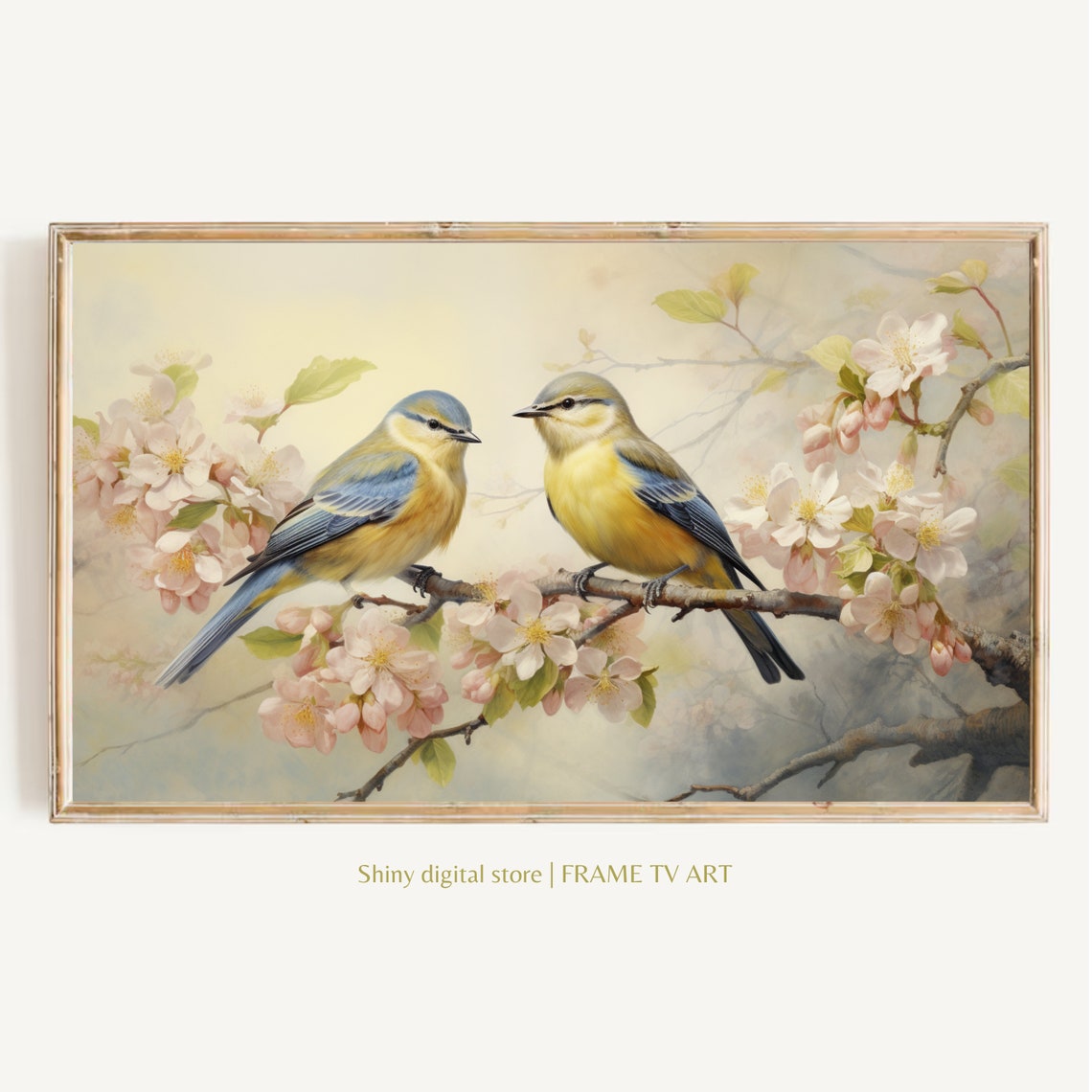 Spring Cherry Blossom Branch Two Songbirds Watercolor Art Poster