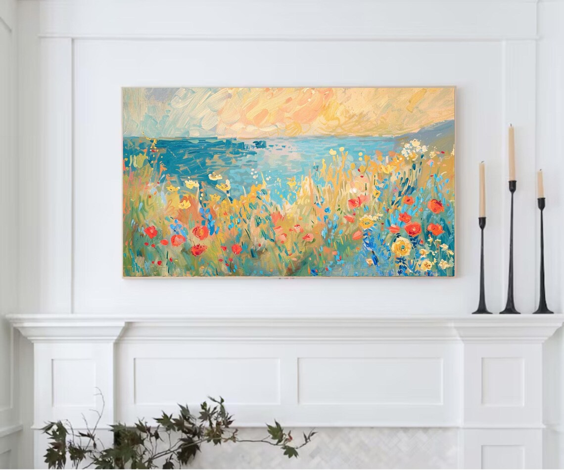 Impressionist Wildflower Field Poppies Golden Coastal Sunset Art Print - Image 2