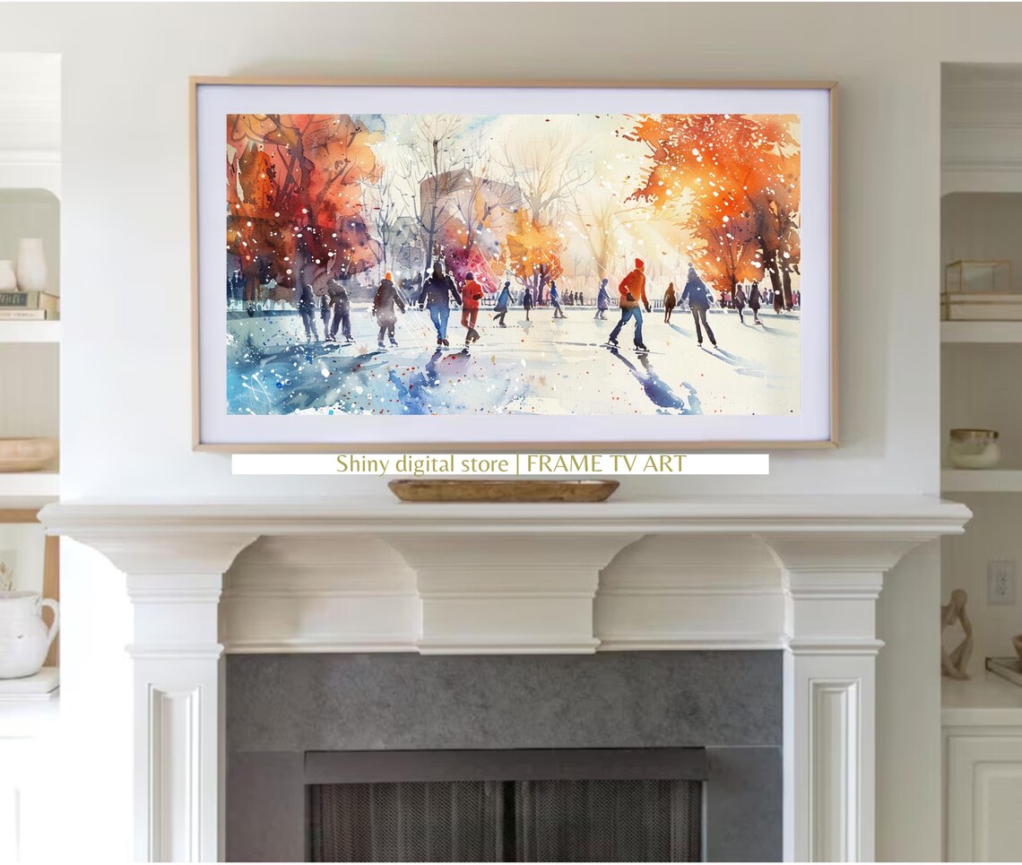 Winter Ice Skating Rink Watercolor Snow Scene Holiday Art Poster - Image 3