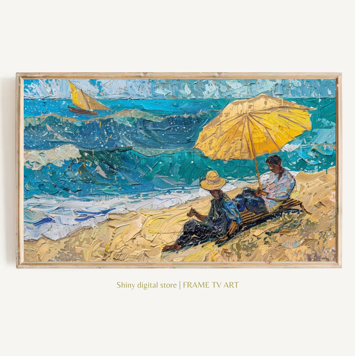 Beach Day Under Yellow Umbrella Sailboat Ocean Waves Painting Poster