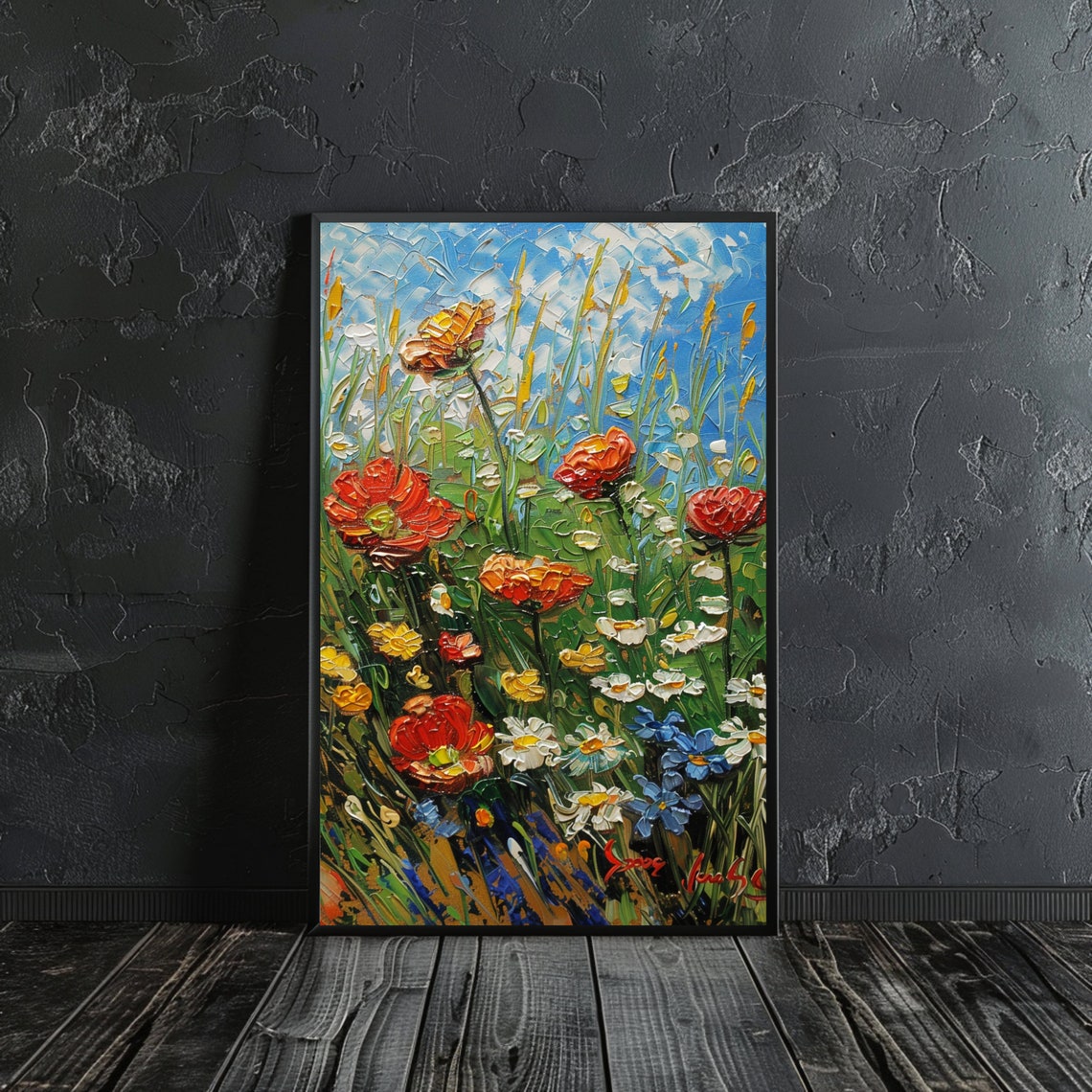 Red Poppy Daisy Wildflower Meadow Impasto Blue Sky Painting Art Poster - Image 2