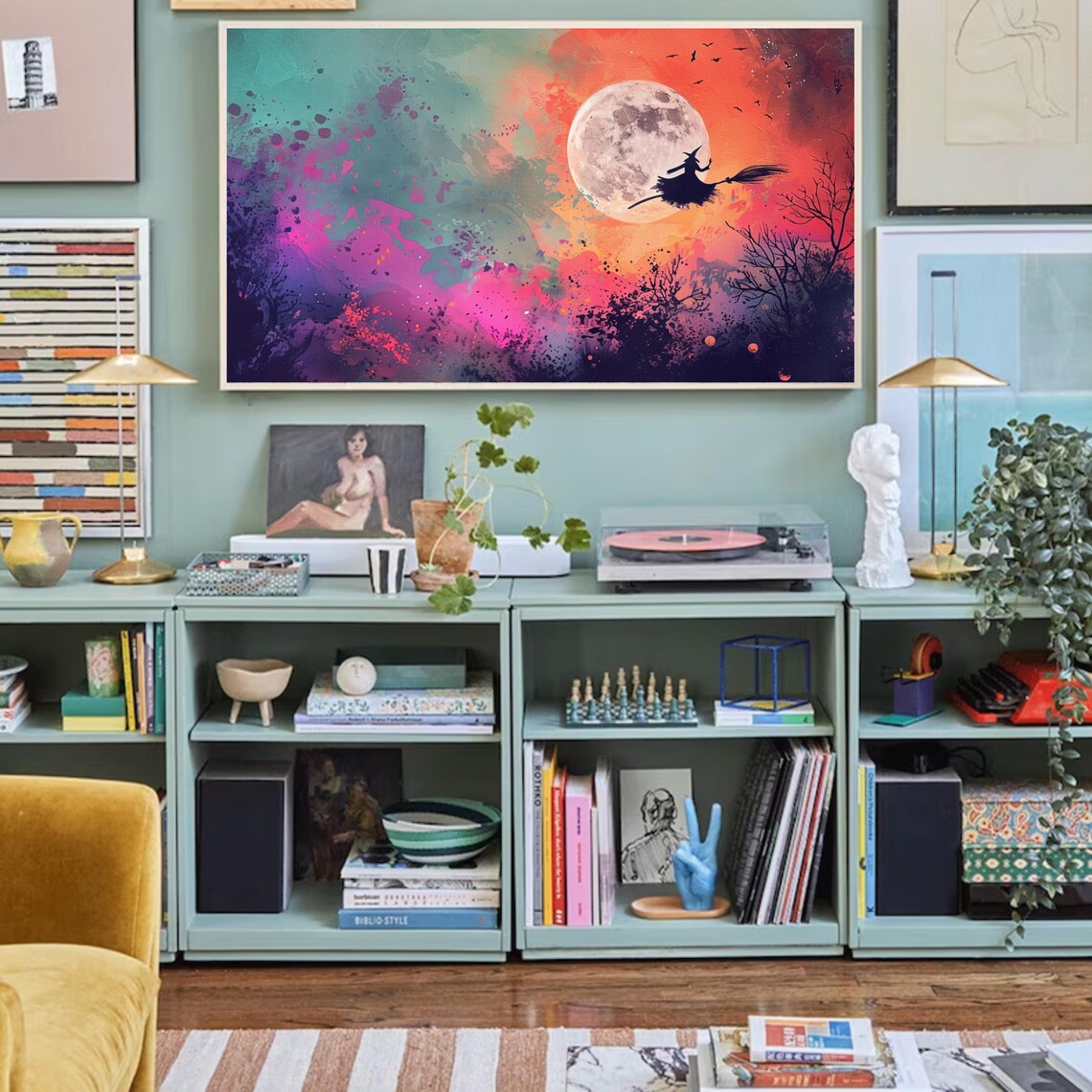 Flying Witch Silhouette Full Moon Colorful Watercolor Halloween Wall Art - Image 2