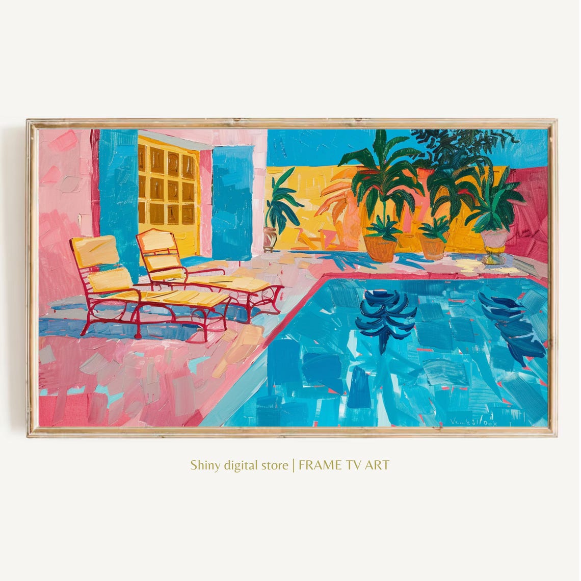 Colorful Poolside Terrace with Lounge Chairs Summer Resort Art Poster