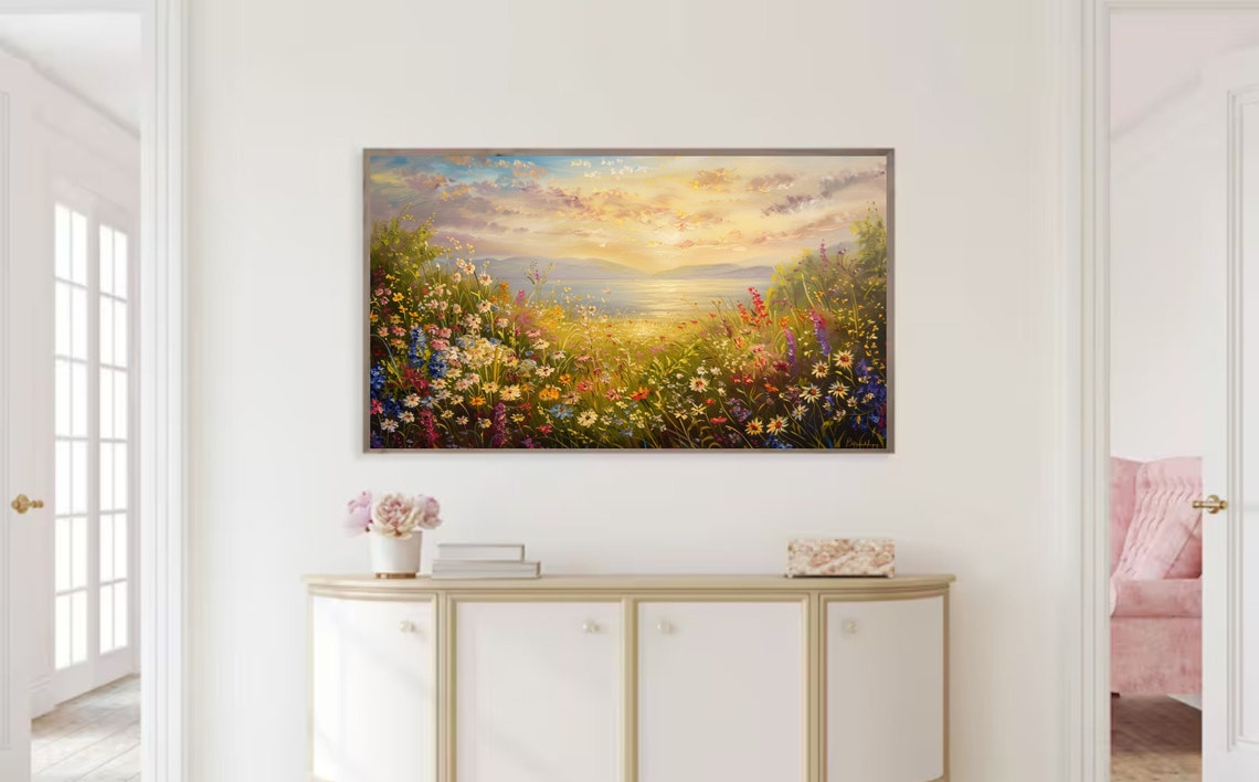 Frame Tv Art Summer Wildflower Field By Sea Vintage Spring Field Of Flowers Tv Art Warm Tone Cottagecore Tv Art - Image 2