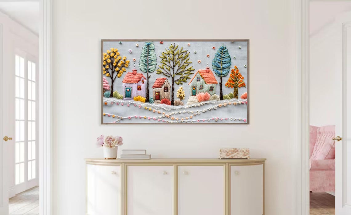 Embroidered Cozy Village Cottages 3D Textured Winter Art Poster - Image 3