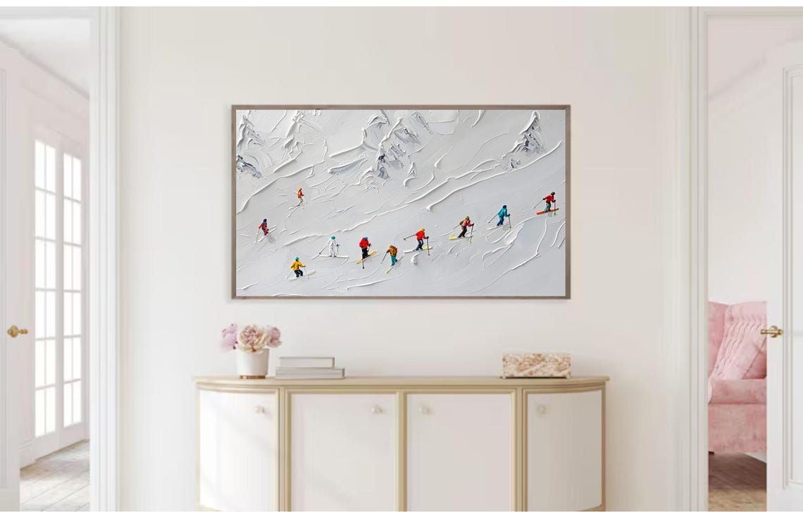 Tiny Skiers White Mountain Slope Minimalist Winter Ski Scene Art Print - Image 2