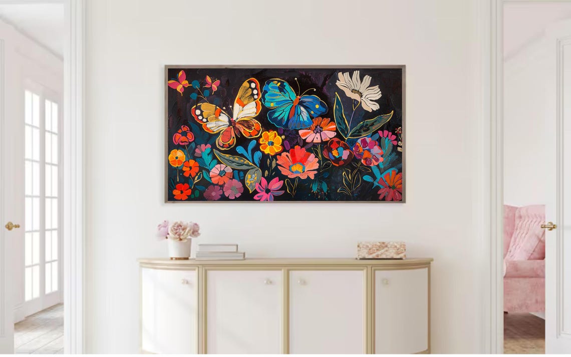 Orange Blue Butterflies Zinnia Blossoms Dark Botanical Art Poster - Image 2