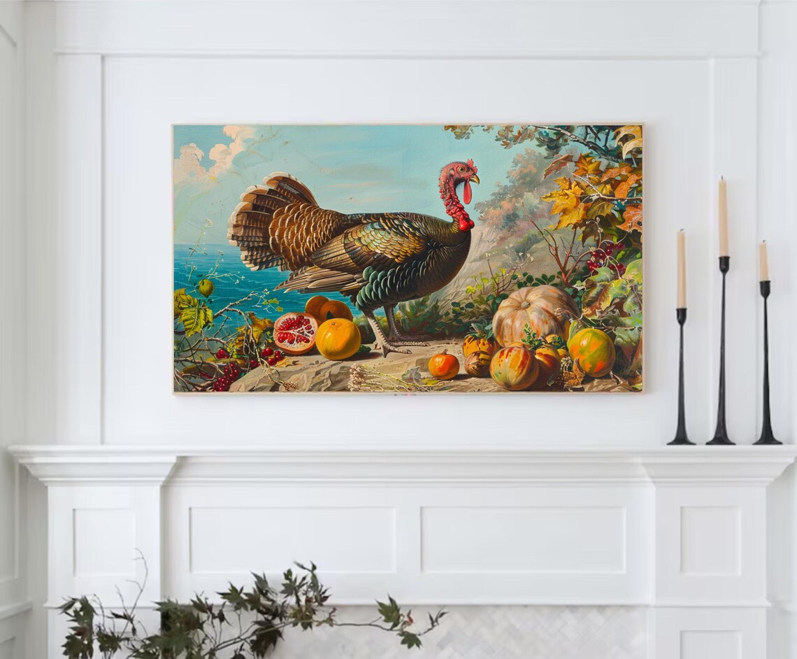 Vintage Wild Turkey with Pumpkins Fall Harvest Thanksgiving Wall Art - Image 2