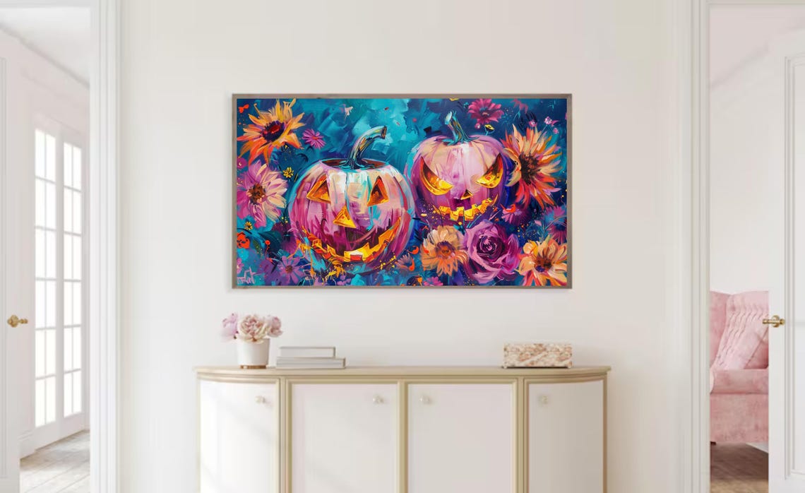 Pink Pumpkin Jack O Lanterns Flowers Teal Night Halloween Art Poster - Image 2