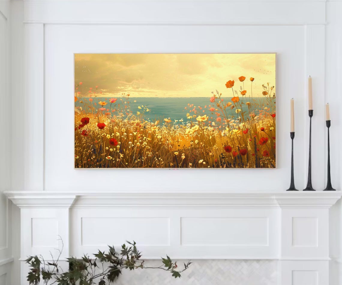 Frame Tv Art Summer Wildflower Field By Sea Vintage Spring Field Of Flowers Tv Art Warm Tone Cottagecore Tv Art - Image 2