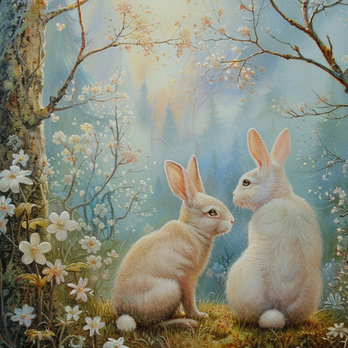 Two White Bunnies in Spring Wildflower Meadow Cute Nursery Wall Art - Image 3