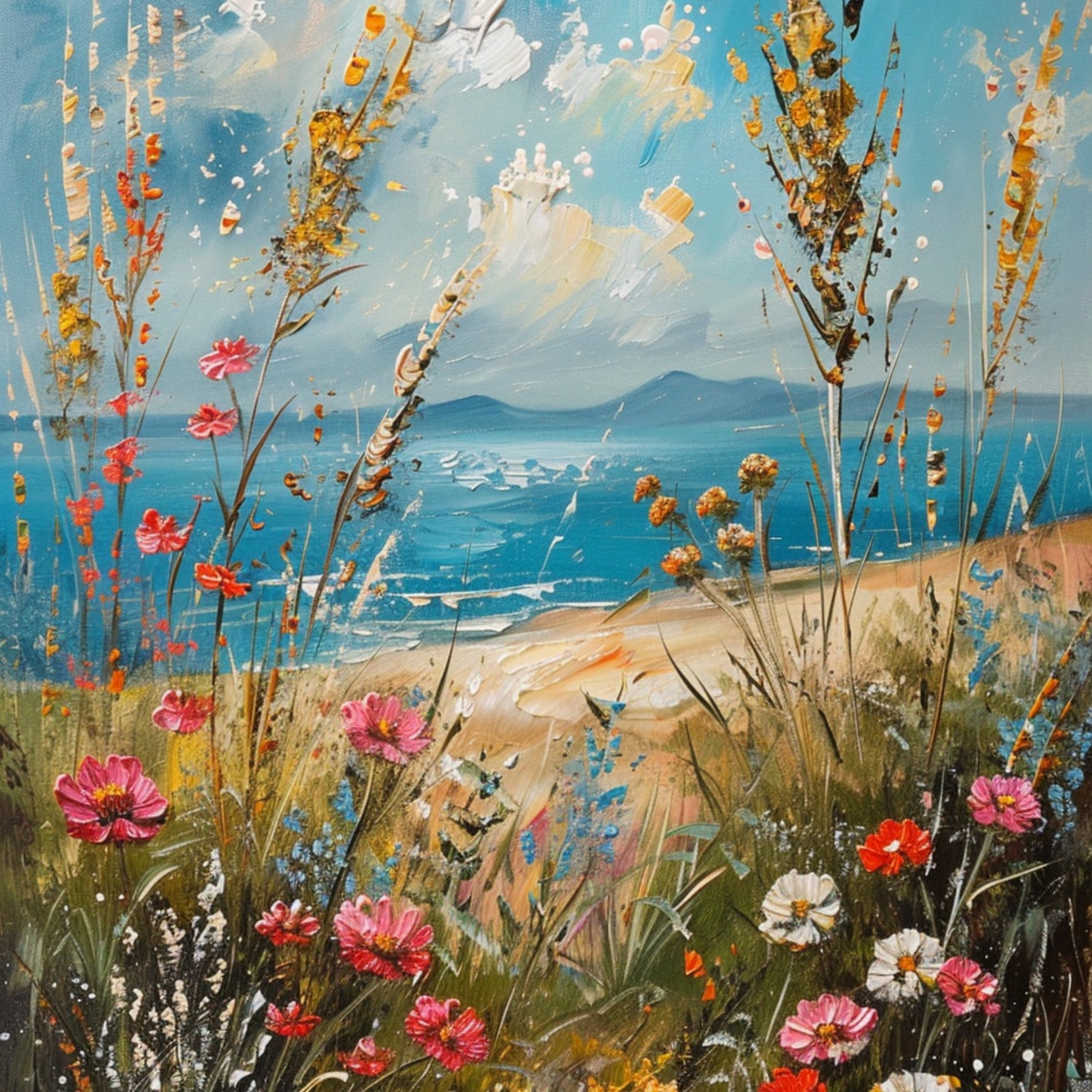 Coastal Wildflowers Blue Sea Mountain View Summer Landscape Poster - Image 3