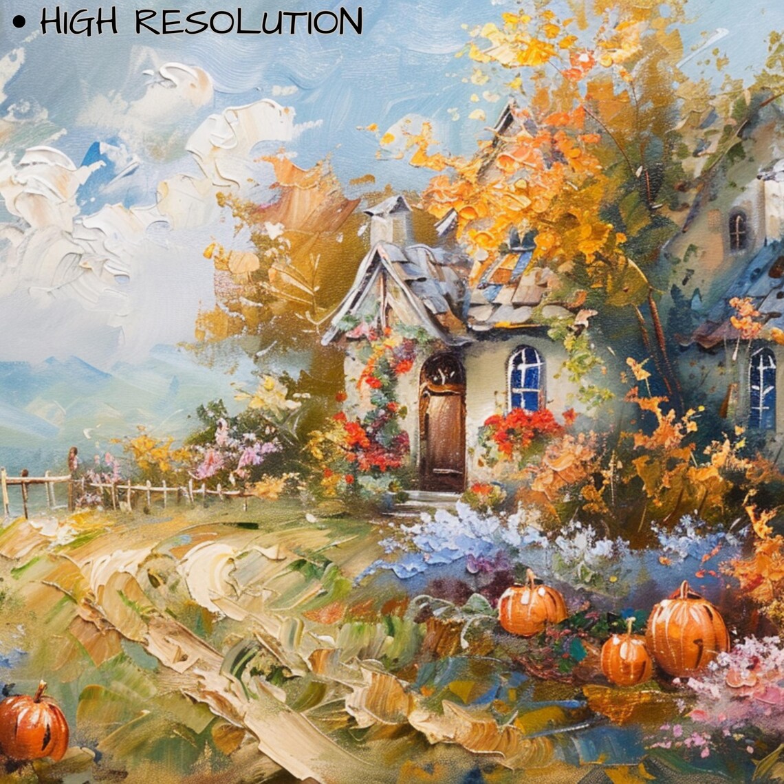 Autumn Stone Cottage Painting Cozy Fall Garden Pumpkins Country Art Poster - Image 3