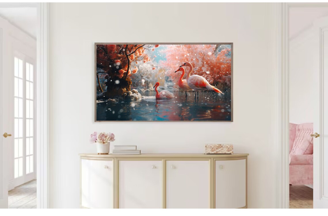 Pink Flamingos Blossom Lake Wading Tropical Watercolor Art Poster - Image 2