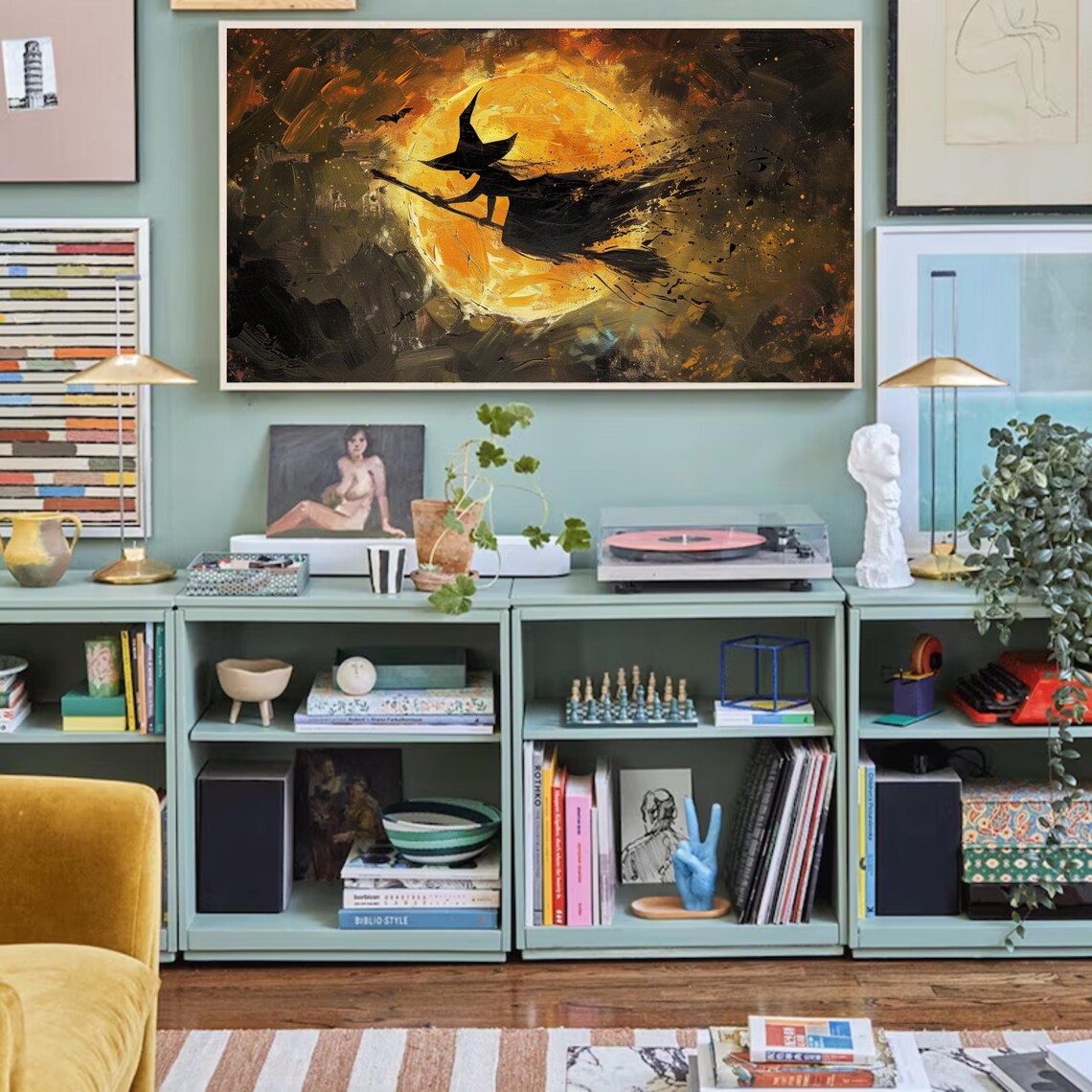 Witch on Broomstick Crossing Amber Full Moon Dark Halloween Oil Wall Art - Image 2