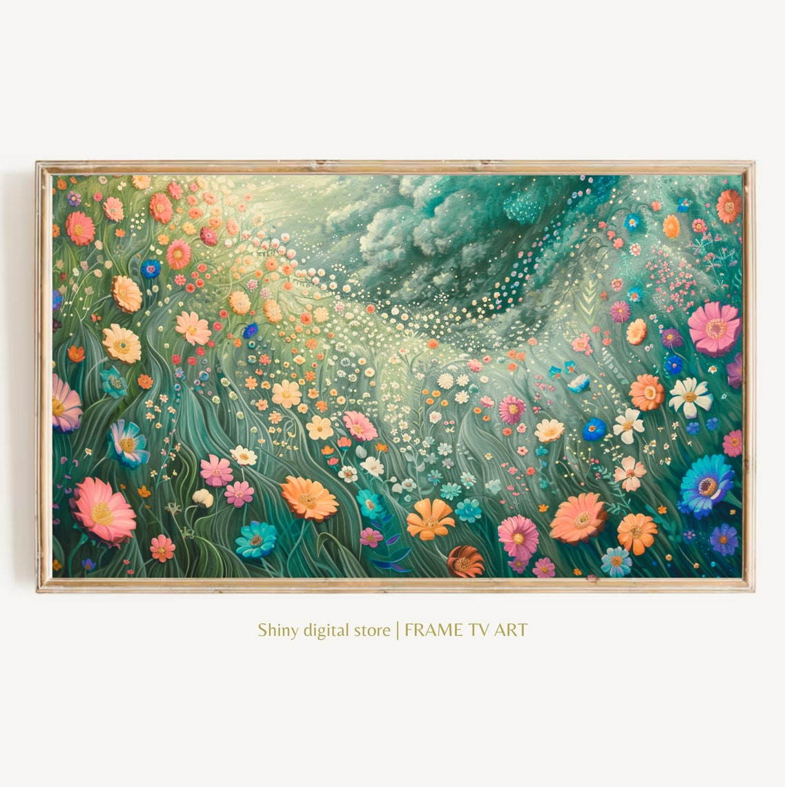 Dreamy Floral Meadow Swirling Teal Pink Orange Blossoms Art Print