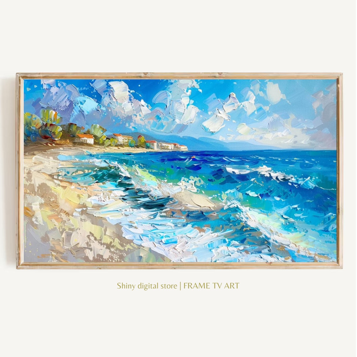 Bright Blue Wave Beach Impasto Coastal Ocean Abstract Art Poster