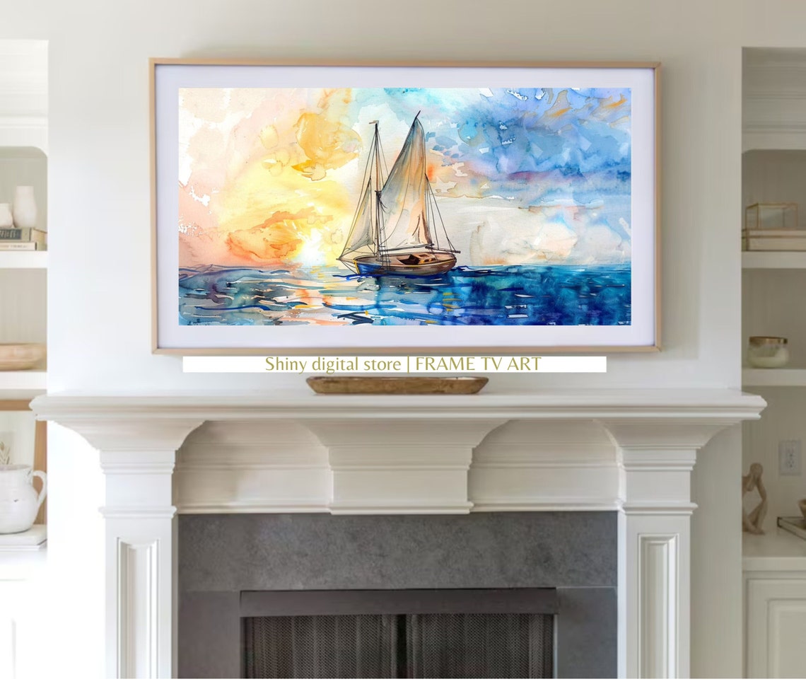 Watercolor Sailboat Sunset Ocean Voyage Coastal Beach Art Poster - Image 3