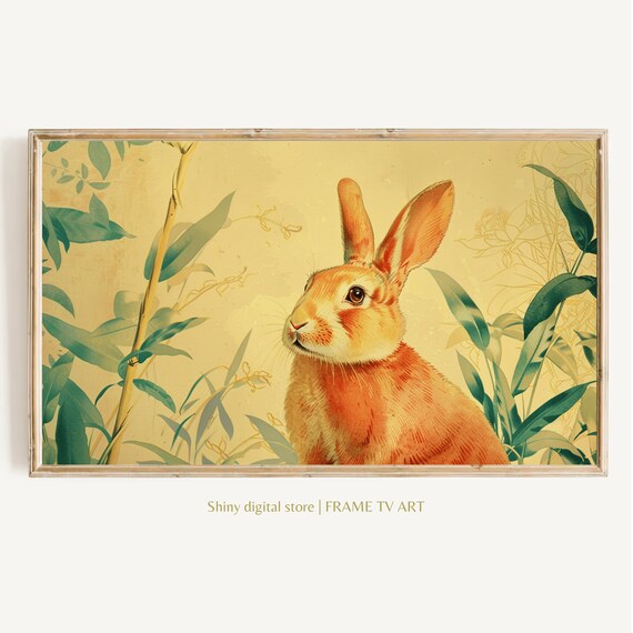 Ginger Rabbit Botanical Portrait Cream Background Vintage Easter Bunny Print