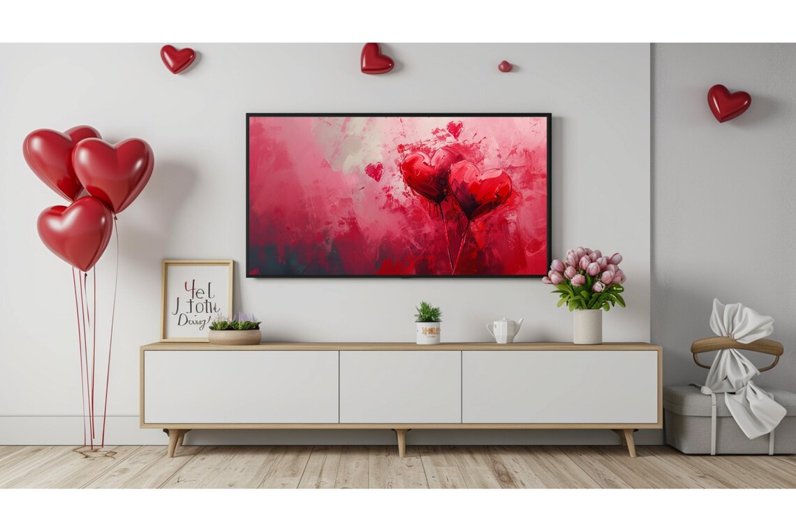 Red Hearts Abstract Painting Valentine Romantic Love Wall Art Print - Image 2