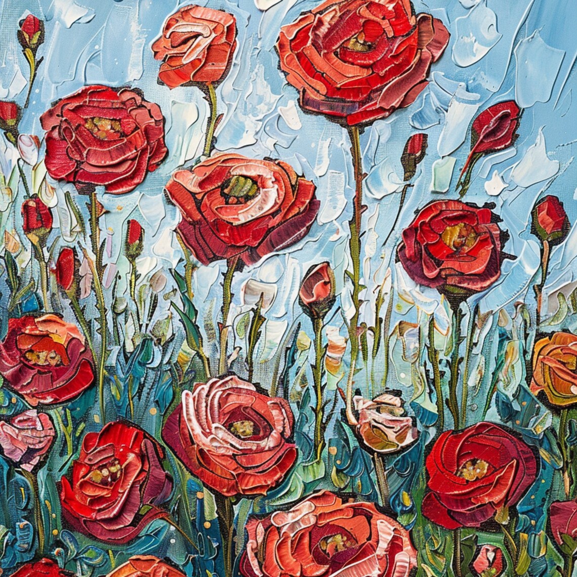 Red Ranunculus Blooms Blue Sky Impasto Textured Floral Painting Art Poster - Image 3