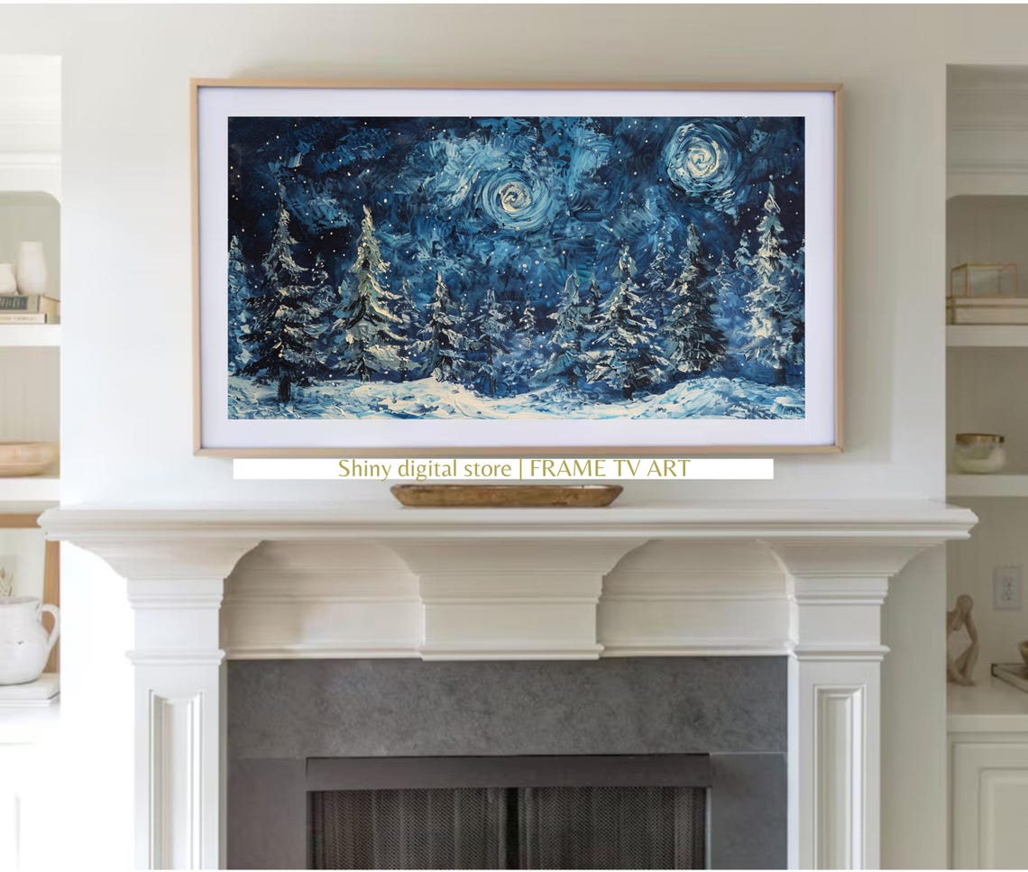 Starry Night Snowy Pines Winter Landscape Oil Painting Art Poster - Image 3