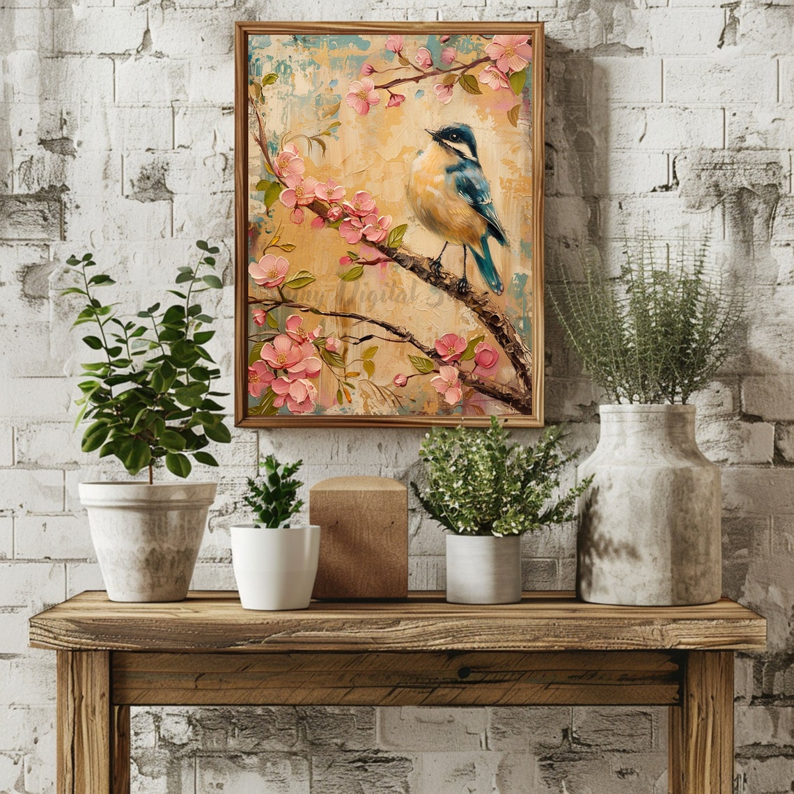 Blue Songbird on Cherry Blossom Branch Vintage Spring Nature Wall Art - Image 2