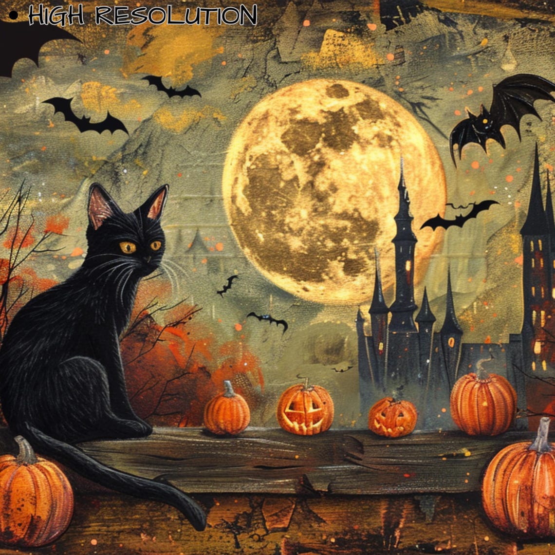 Retro Black Cats Pumpkins Bats Full Moon Halloween Card Style Wall Art - Image 3
