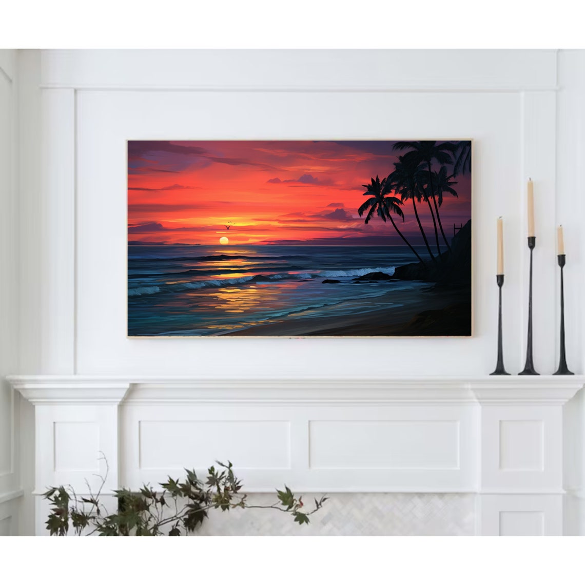 Tropical Beach Sunset Palm Silhouette Red Sky Oil Painting Poster - Image 2