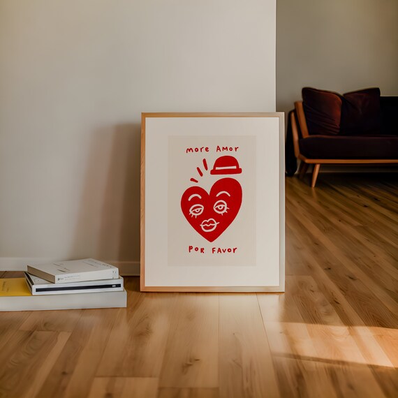 More Amor Por Favor Red Heart Face Bowler Hat Hand Drawn Art Poster