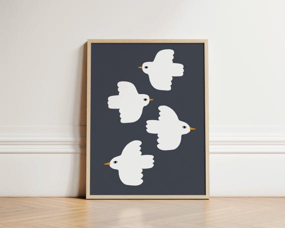 Flying Doves Print Nursery Illustration Kids Bedroom Art Wall Room Play Unframed