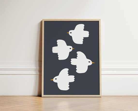 Four White Doves Flying Dark Navy Minimalist Nursery Kids Room Wall Art