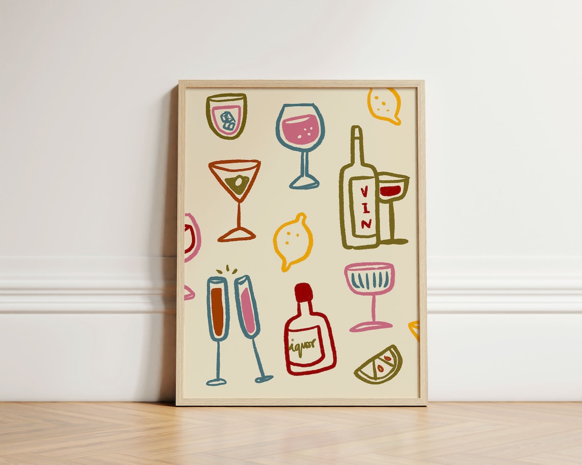 Drink Glasses Retro Kitchen Wall Art Print