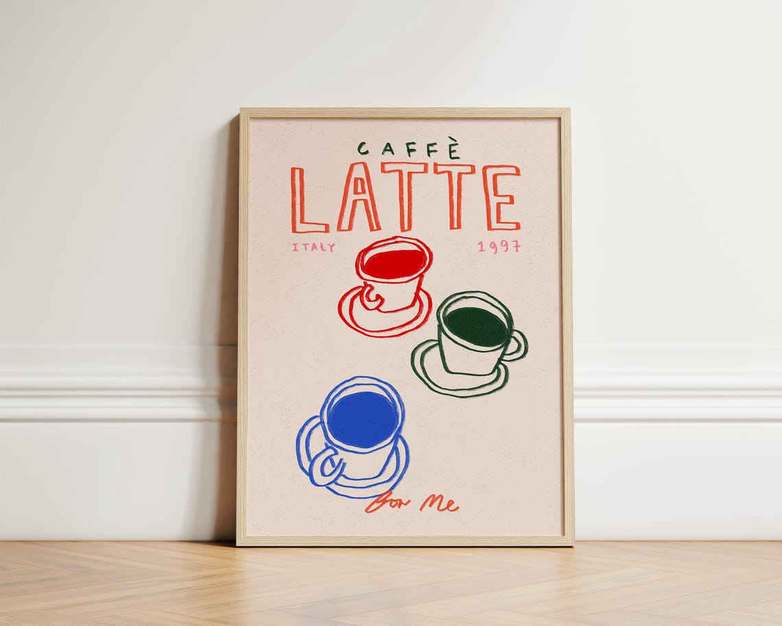Caffe Latte Italy 1997 Colorful Hand Drawn Coffee Cups Kitchen Poster